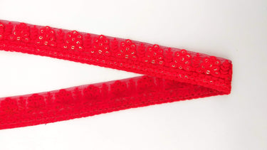 Red Net Lace Trim With Floral Embroidery And Gold Sequins, Sequinned Trim, Wedding Trim Bridal Trim